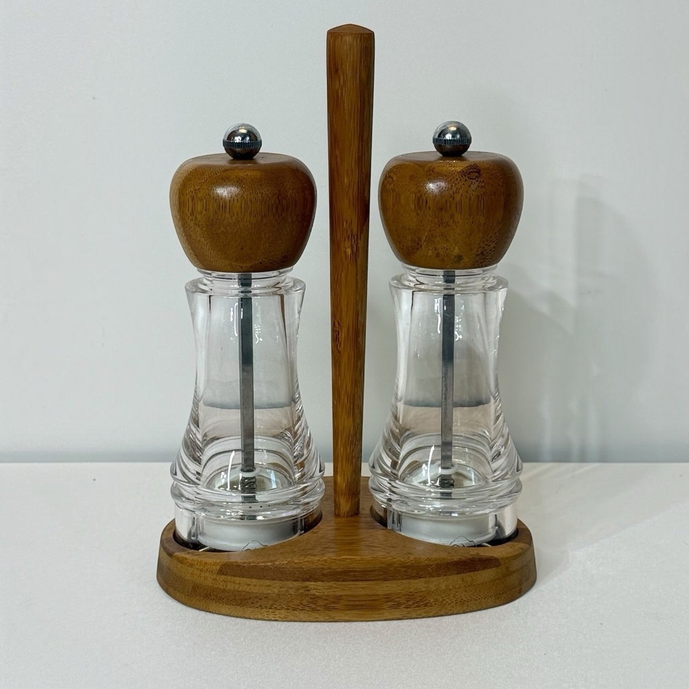 Pampered Chef Salt & Pepper Grinders with Wooden Bamboo Stand